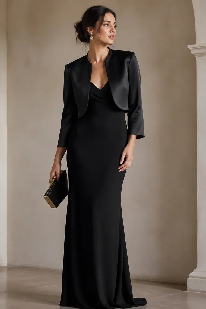 A long black dress worn with a cropped satin jacket, plus a structured clutch. The image shows the jacket ending at the waist and framing the dress’s neckline.