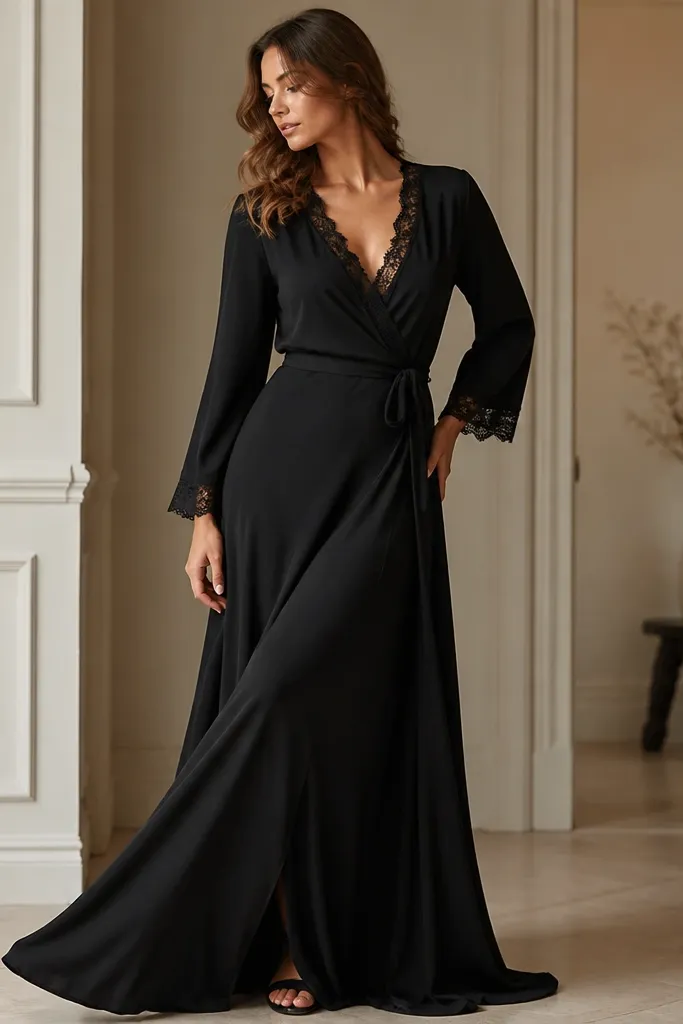 A black wrap maxi dress with lace trim along the neckline and sleeve edges. The image shows a smooth wrap waist tie and a flowing skirt to the floor.