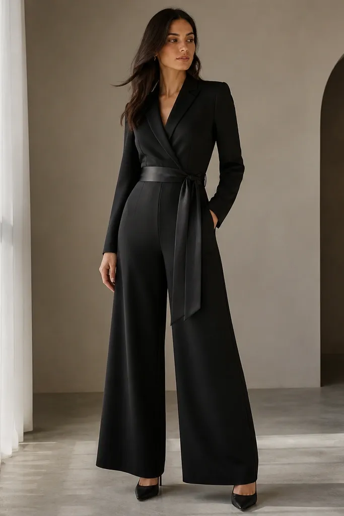 A black wide-leg jumpsuit with long sleeves and a satin belt at the waist, paired with pointed heels. The photo shows a smooth, tailored torso and draped pant legs.