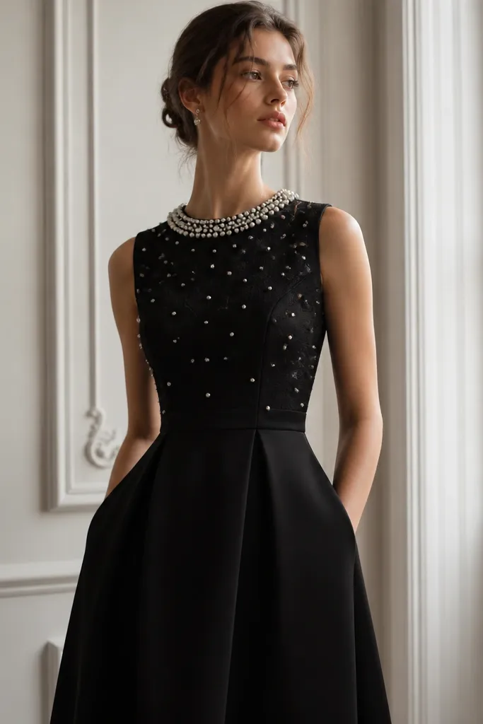 A black dress with a pearl-embellished neckline and a clean, minimal skirt. The image highlights small pearl accents along the collar and bodice, with understated earrings.