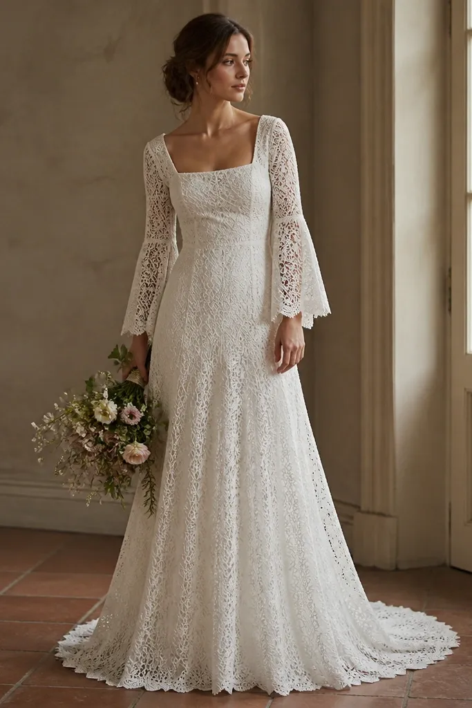 A cream crochet lace wedding dress with long sleeves, a square neckline, and an A-line skirt. The sleeves have subtle scalloped edges, and the bodice is slightly fitted with a relaxed, airy drape.