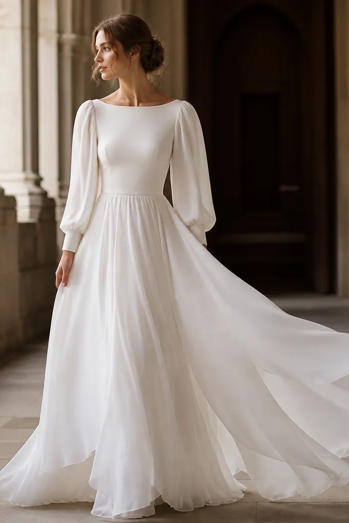 An ivory long sleeve wedding dress with bishop sleeves that balloon slightly at the upper arm. The bodice is fitted, and the skirt is made of lightweight chiffon layers that move and flutter.