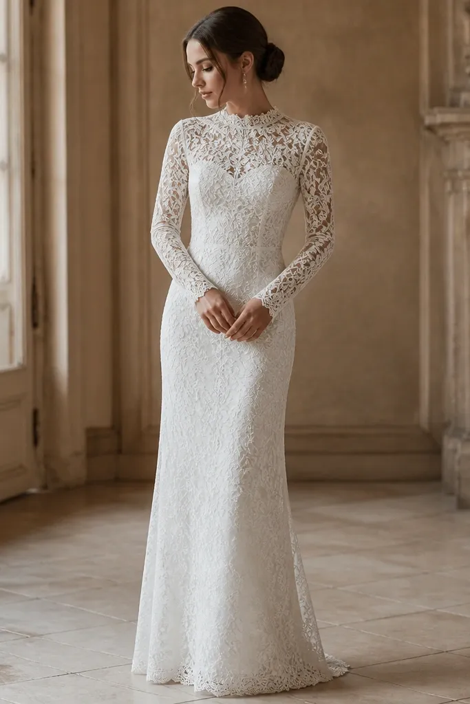 A fitted, floor-length long sleeve lace wedding dress with a high-coverage neckline. The skirt is straight and smooth with minimal train, and the lace pattern is dense along the bodice and sleeves.