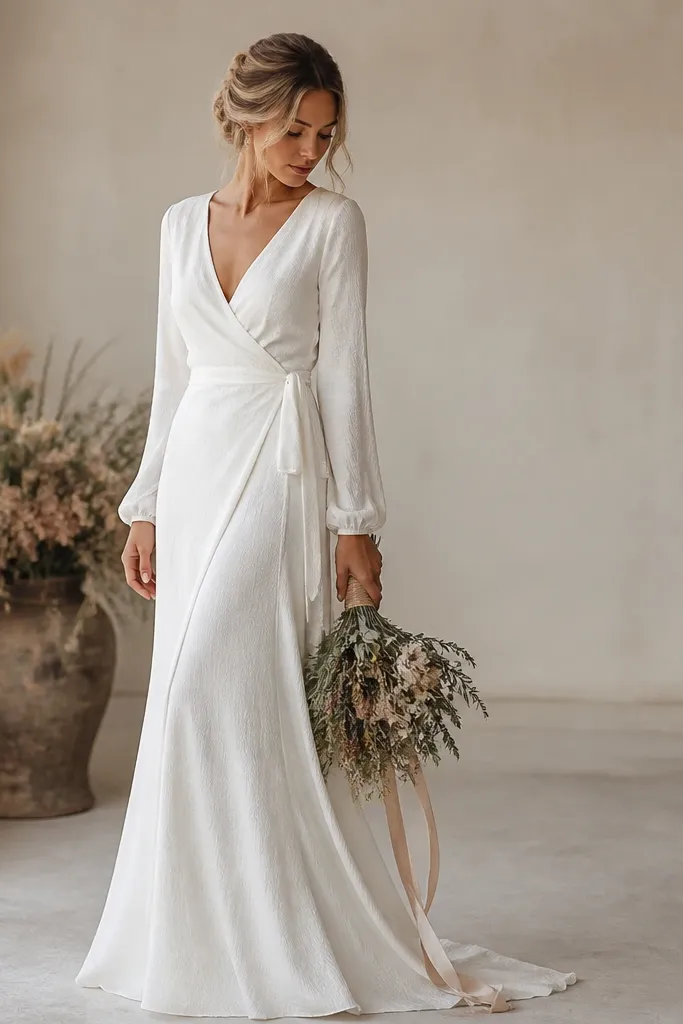 A boho wrap wedding dress in warm white with long sleeves and a tie waist. The front has a V-shaped wrap detail with soft overlap, and the skirt skims the body before gently flaring.