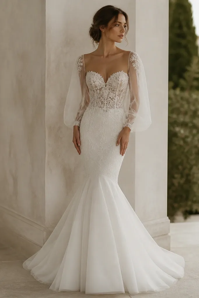 A white wedding dress with a lace bodice and long tulle sleeves that look sheer. The skirt is mermaid-shaped, fitted through the hips and thighs, then flares at the knee.