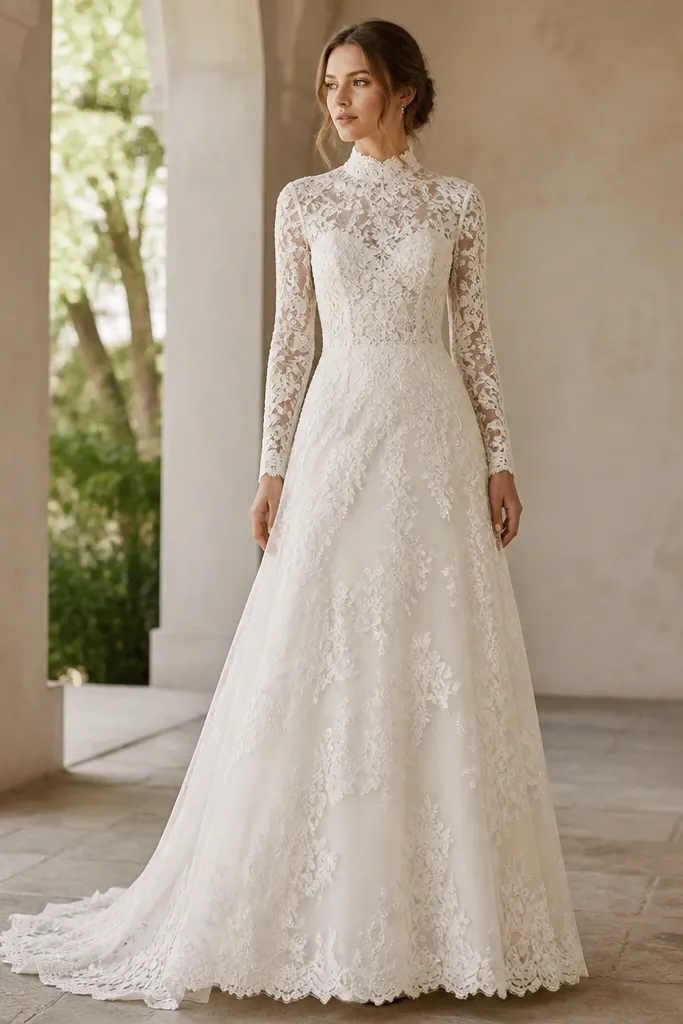 A high-neck long sleeve wedding dress in ivory with floral lace appliqués across the bodice and sleeves. The hem has a scalloped edge, and the skirt is softly A-line with a gentle drape.