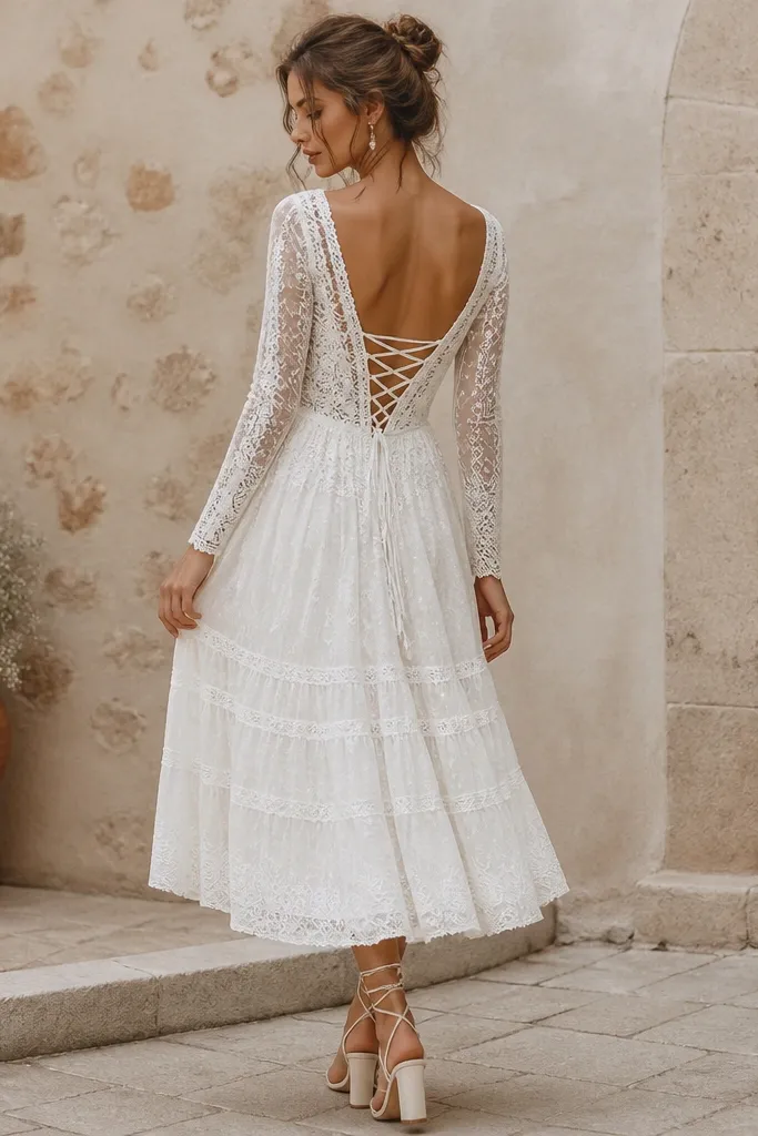 A boho ivory long sleeve midi wedding dress with lace-up detailing at the back. The skirt hits mid-calf with soft volume, and the sleeves are made of delicate lace or mesh.