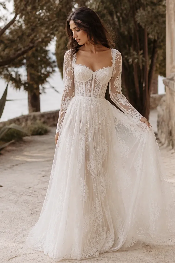 A long sleeve wedding dress with a corset-style bodice and lace overlay. The waist is defined naturally, and the skirt flows in soft layers with a relaxed, boho silhouette.