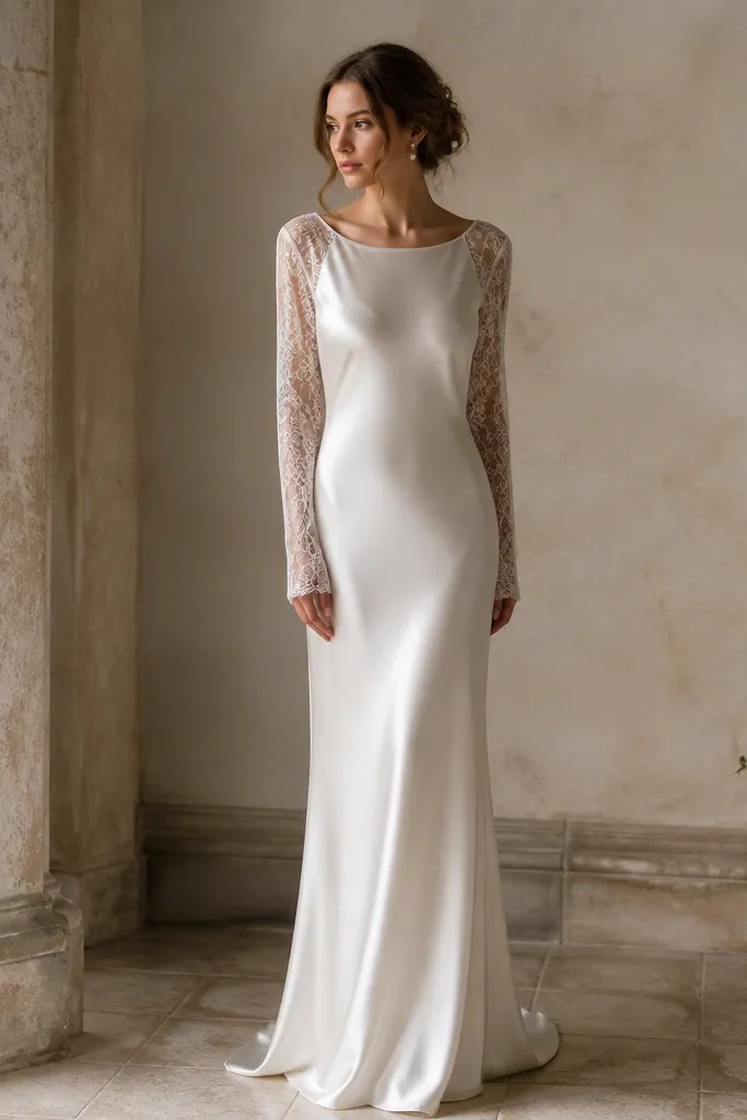 A minimalist ivory satin slip wedding dress with a smooth, bias-cut look. The long sleeves are lace, and the overall silhouette is sleek with a soft drape down the body.