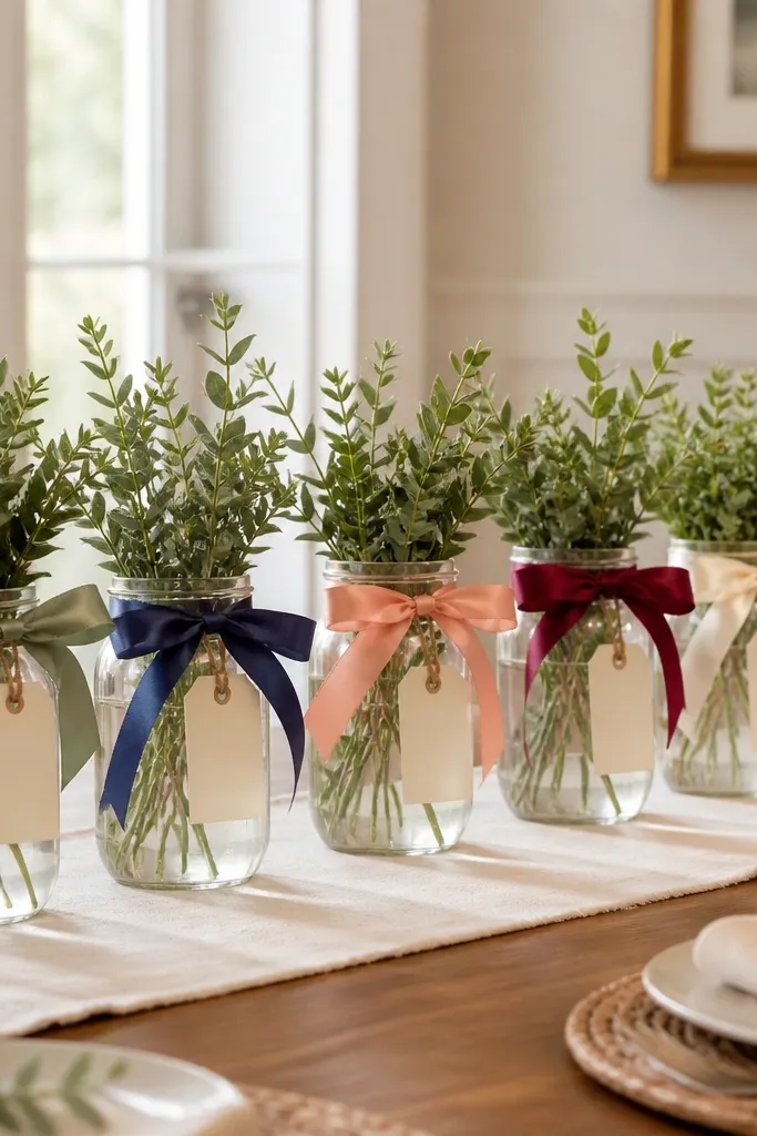 A row of clear mason jars on a dining table, each wrapped with a different satin ribbon color at the neck, with short faux greenery stems inside and small cream paper tags tied to twine.