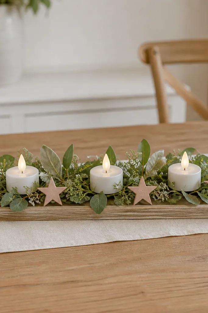 A rectangular clear or wood tray centered on the table, topped with a thin band of faux greenery and three LED tea lights spaced evenly, with small blush cardstock stars tucked between leaves.