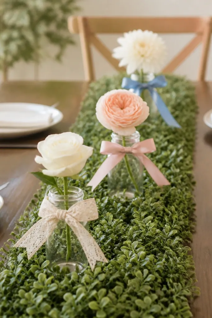 A table runner made from faux greenery laid lengthwise, with three small jars clipped or placed along the center line, each jar holding a single stem and a different ribbon bow.