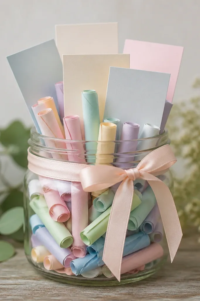A mason jar filled with rolled paper confetti in pastel colors, with upright cardstock place cards stuck into the rolls, and a ribbon loop around the jar.