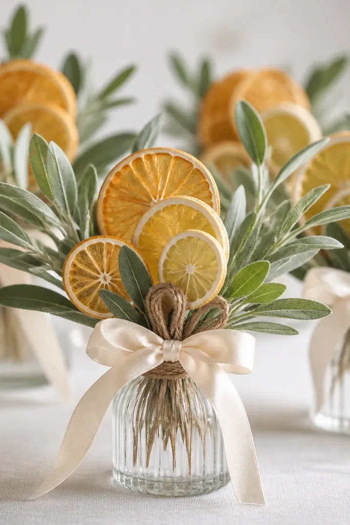 Small clusters of citrus slices (or faux citrus) tied with twine and tucked into short vases, surrounded by sage-green leaves, with a single cream ribbon bow on each cluster.