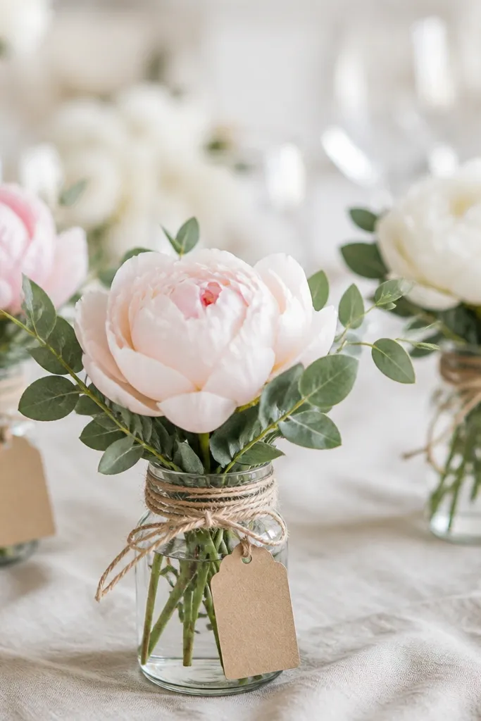 Small clear glass vessels wrapped in thin twine, each holding a faux peony head above a short bundle of greenery, with a tiny tag tied to the twine.