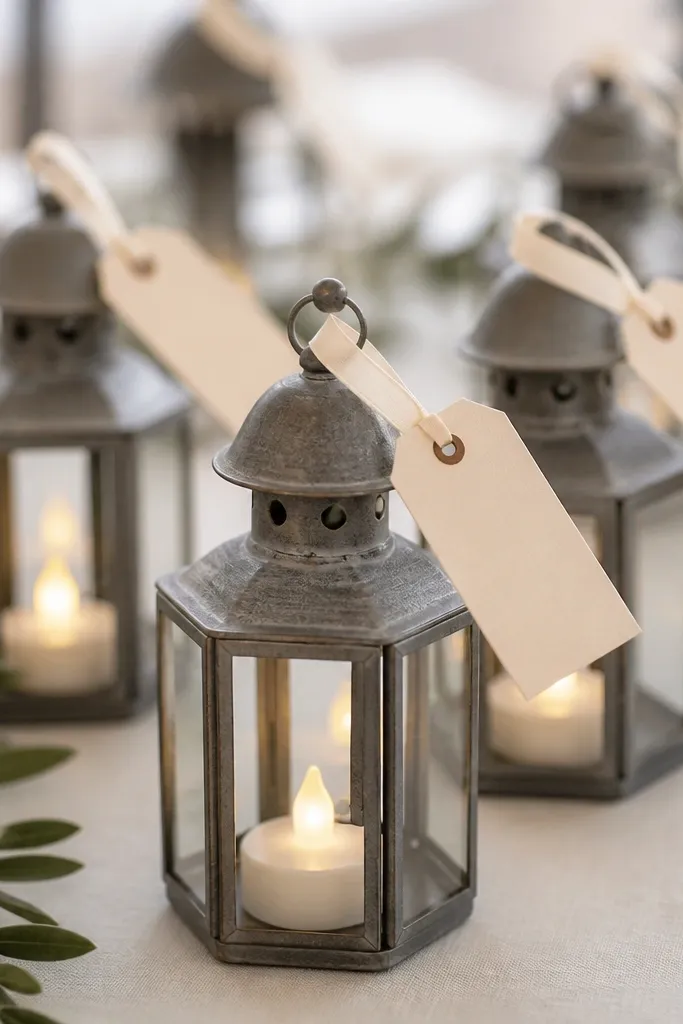A set of small metal lanterns on the table, each with an LED candle inside, and a ribbon loop holding a cream cardstock name tag attached to the lantern handle.