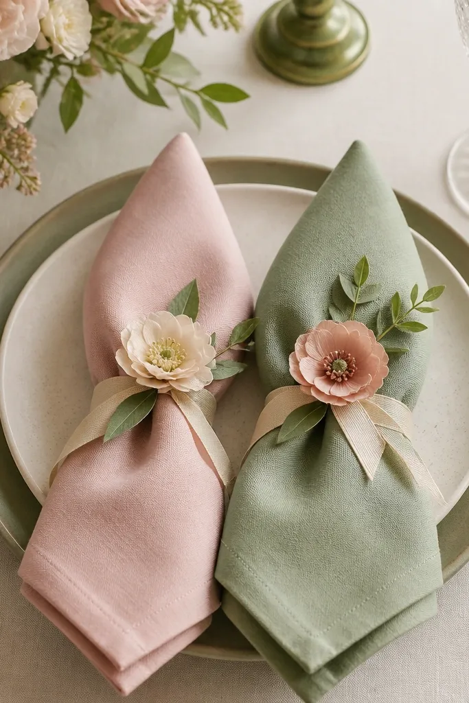 Folded napkins on a table, each secured with a simple ribbon napkin ring and a small faux flower pinned on the front, in coordinated blush and sage tones.