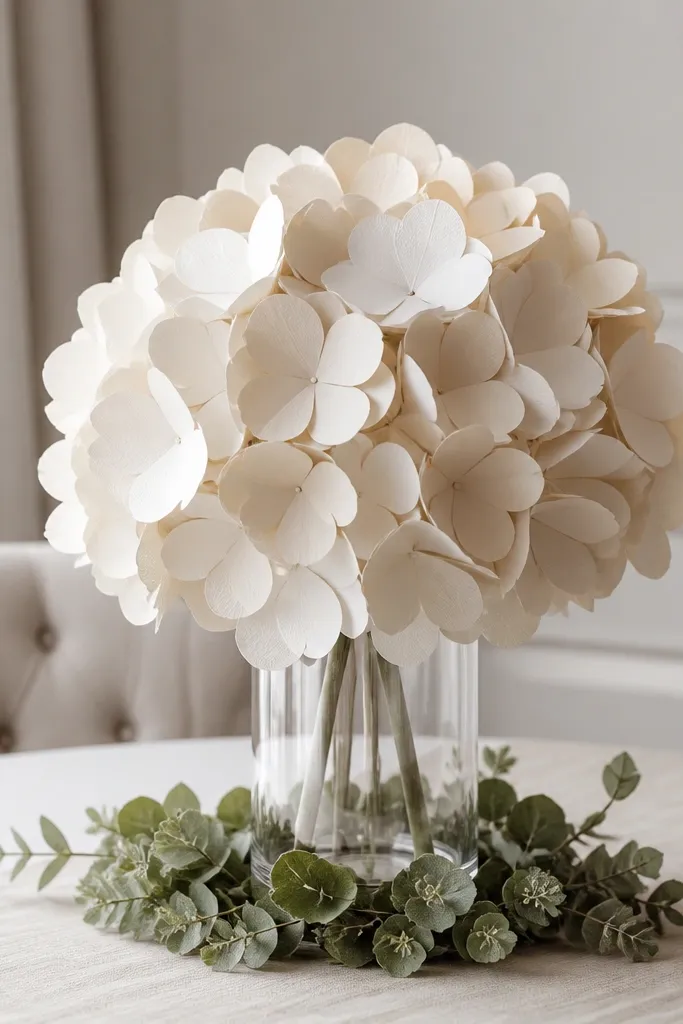 A large paper hydrangea-style flower sitting in a clear vase, with a ring of faux greenery around the base, on a neutral table runner.