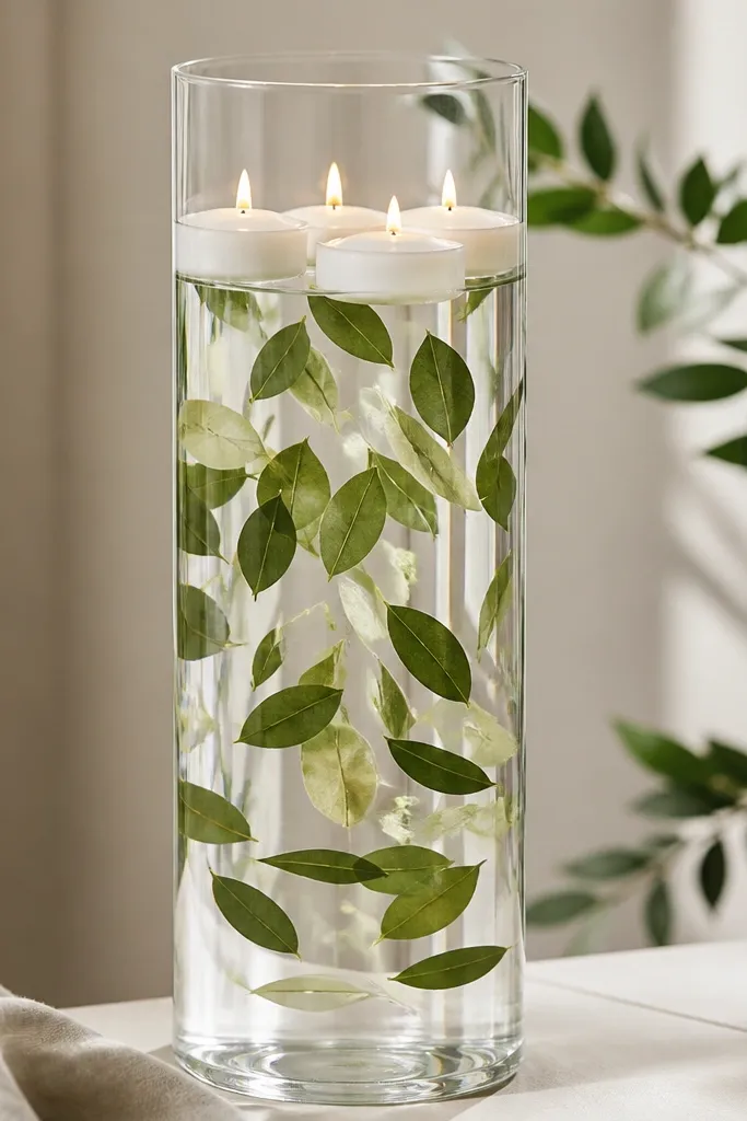 A tall clear vase filled with water, floating LED candle discs on top, and small leaf-shaped paper or faux leaf pieces scattered beneath the surface.