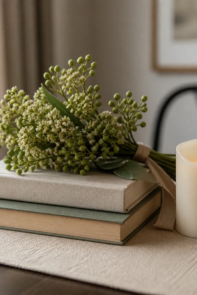 Two small stacked books on a table with a minimal bud bouquet on top, plus a single LED candle nearby, all styled on a neutral runner.