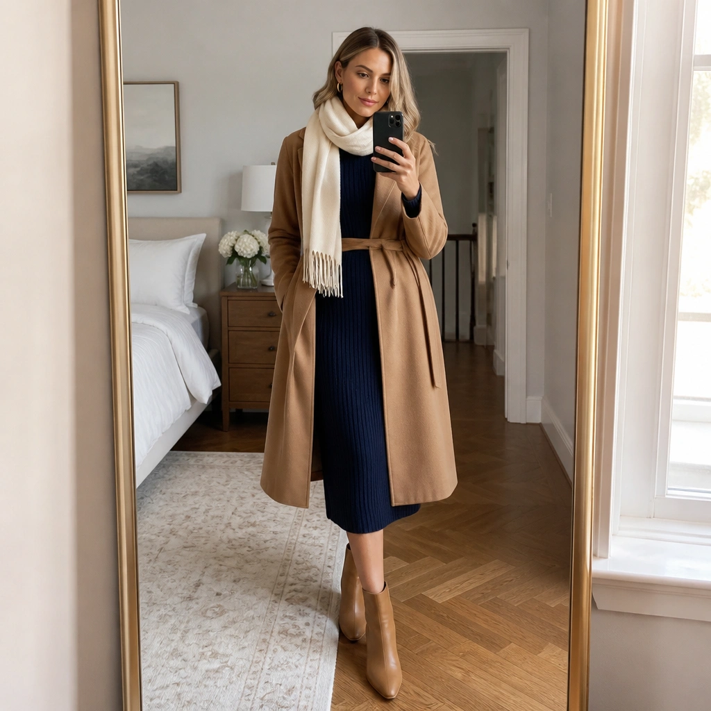 A navy ribbed knit midi dress layered under a camel wool wrap coat, with a cream scarf and ankle boots visible in a full-body mirror shot.