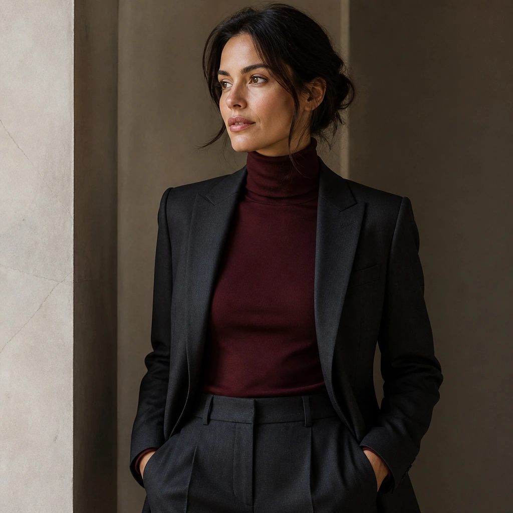 Charcoal tailored trousers paired with a burgundy fitted turtleneck, topped with a dark tailored blazer, photographed from the waist up.