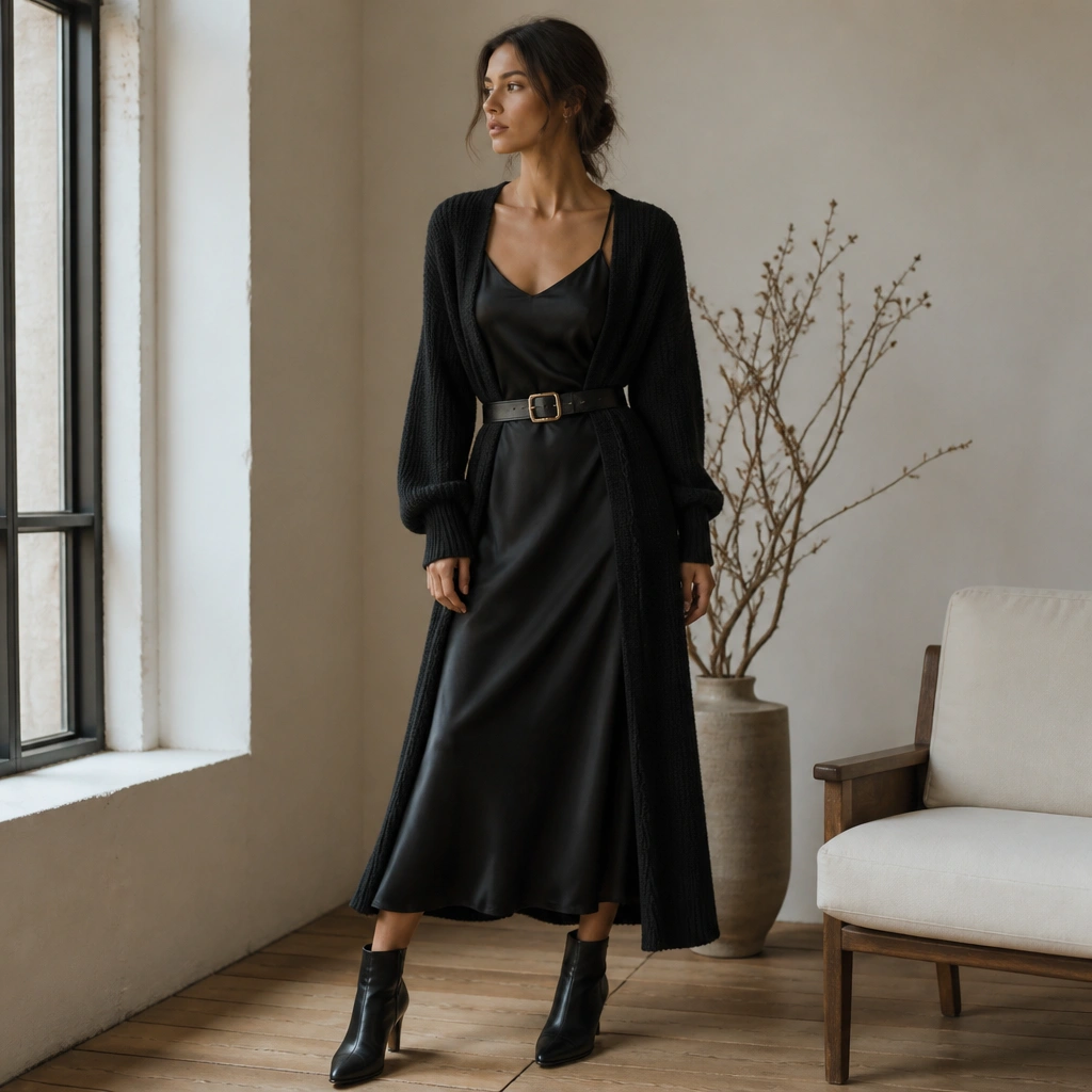 A black satin slip dress with a longline knit cardigan layered over it, plus a belt around the waist and black ankle boots.