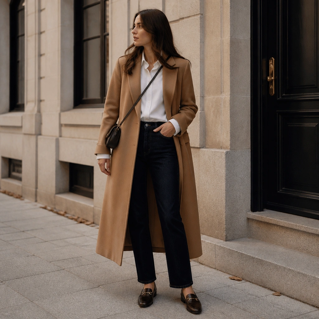 A camel long coat over a crisp white button-down and dark straight-leg jeans, styled with loafers and a small crossbody bag.