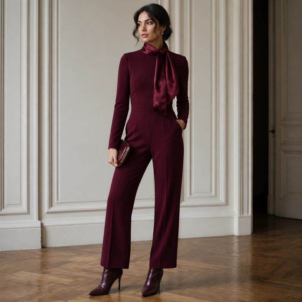 A burgundy fitted jumpsuit with a satin scarf tied at the neck, paired with heeled ankle boots and a small clutch.