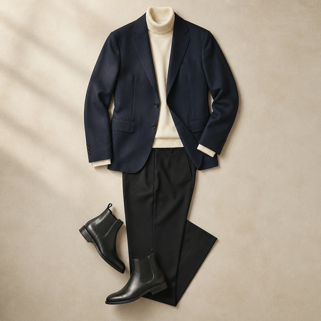 A navy blazer over a cream turtleneck, paired with black tailored trousers and Chelsea boots, shown in a full outfit flat-lay.