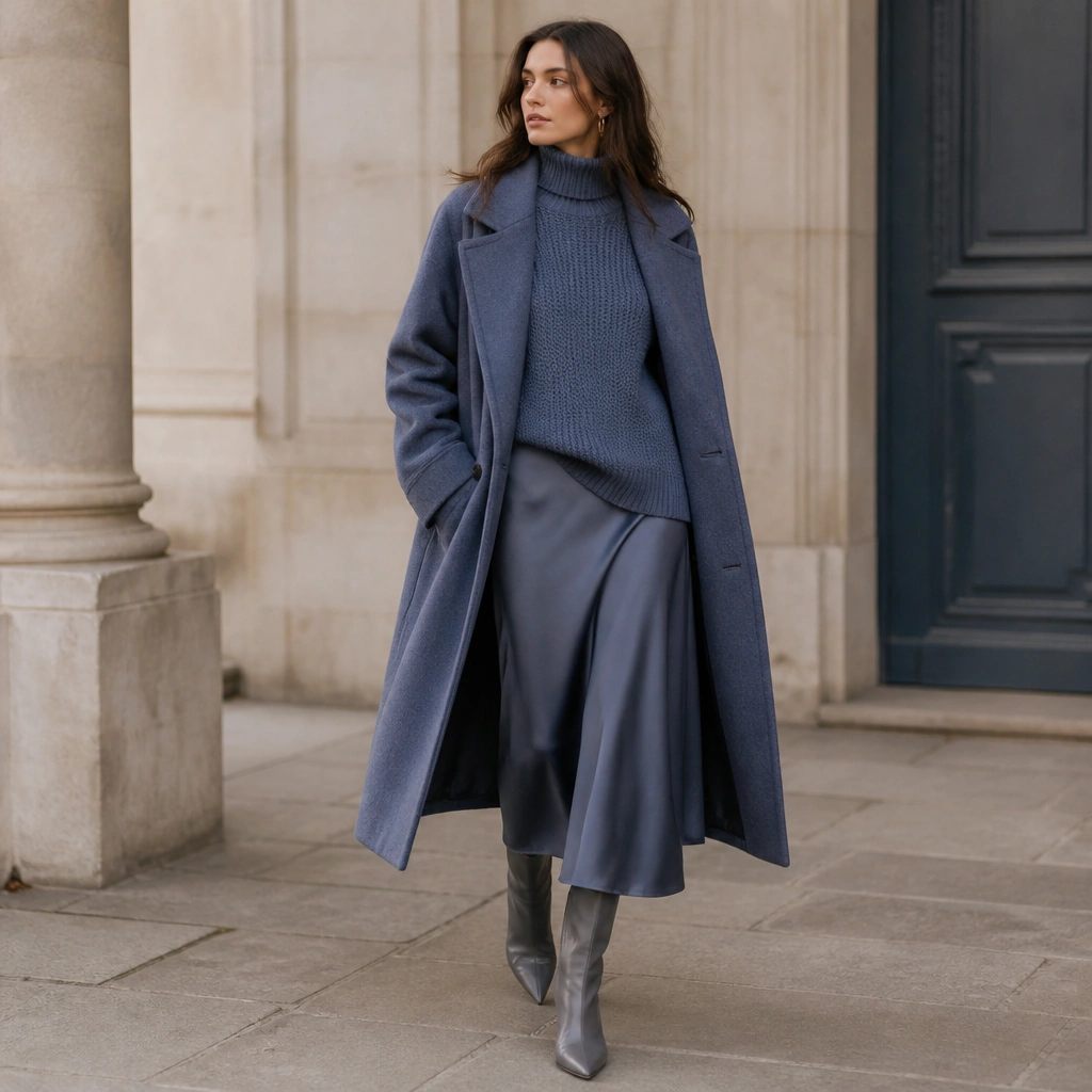 A slate blue midi skirt paired with a chunky knit top in a matching cool tone, styled with a long coat and heeled boots.