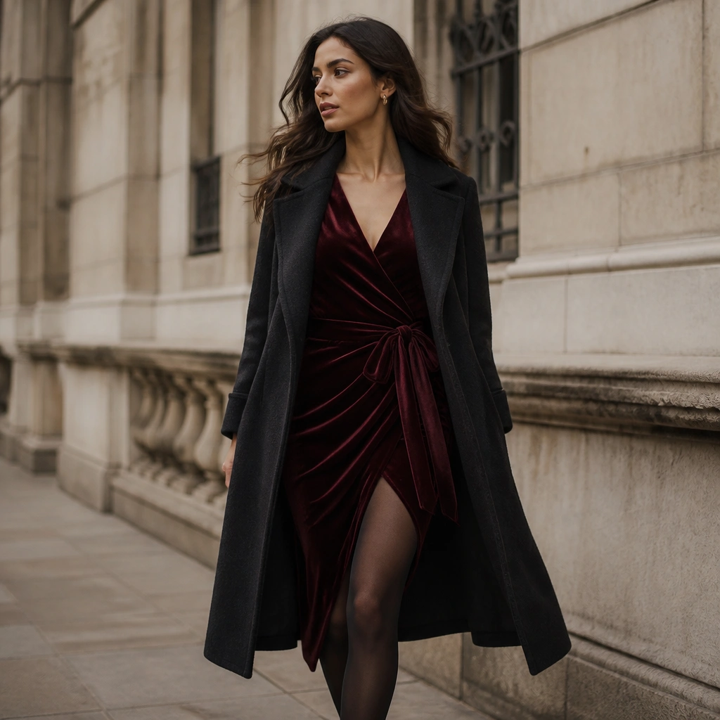 A velvet wrap dress in deep wine with a visible wrap tie, paired with dark sheer-to-warm tights and a long wool coat.