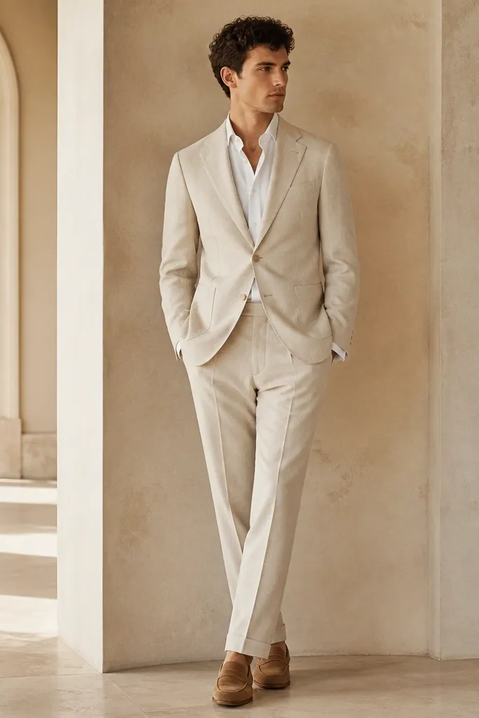 A light stone-beige linen-blend blazer with a two-button front, paired with tapered trousers in the same tone, worn with a crisp white shirt and tan loafers.