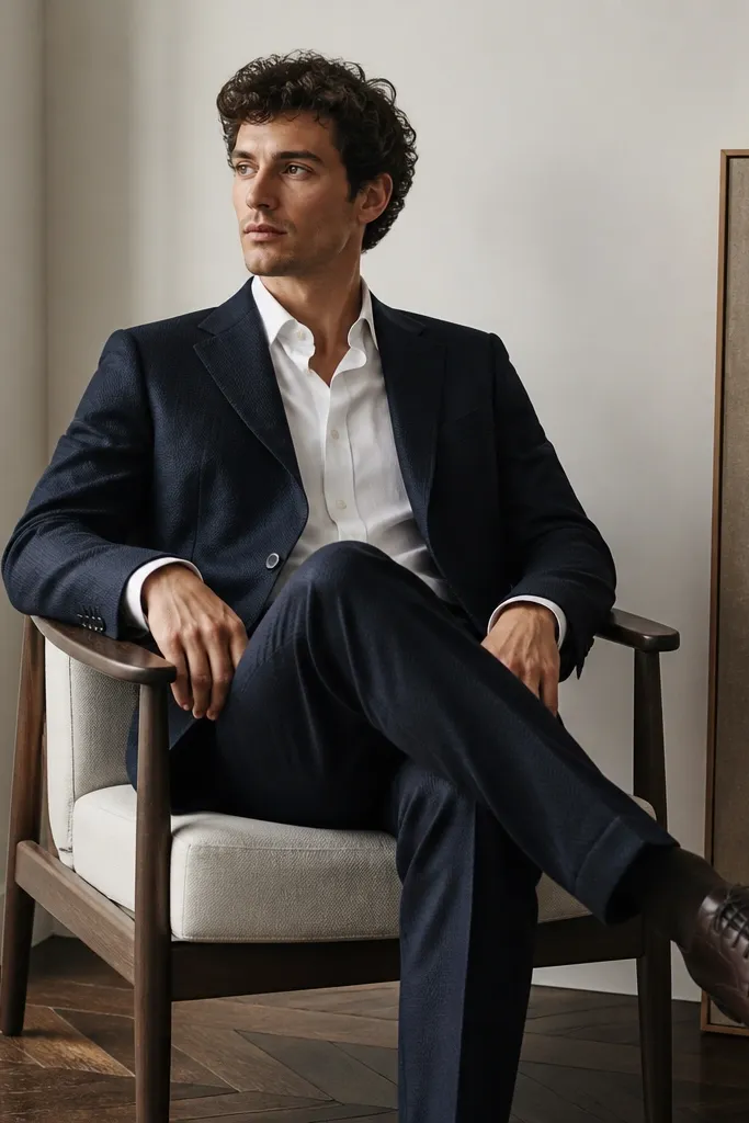 A midnight navy suit with visible fine texture, satin-free lapels, a white dress shirt, and dark brown leather Oxford shoes.