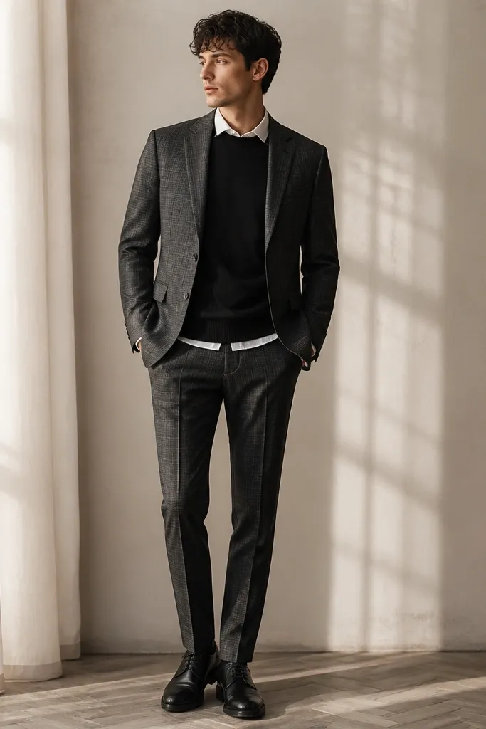 A charcoal glen check blazer paired with matching trousers, a black crew-neck tee layered under a white-collared shirt, and black derby shoes.