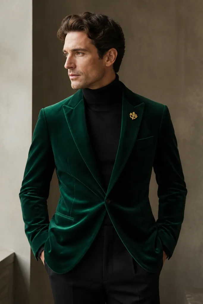 An emerald velvet blazer with a notched lapel, black tailored trousers, a black turtleneck, and a single gold lapel pin.
