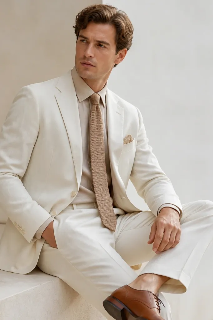 A cream off-white suit with a soft tan knit tie, a light beige shirt, and tan leather oxfords.