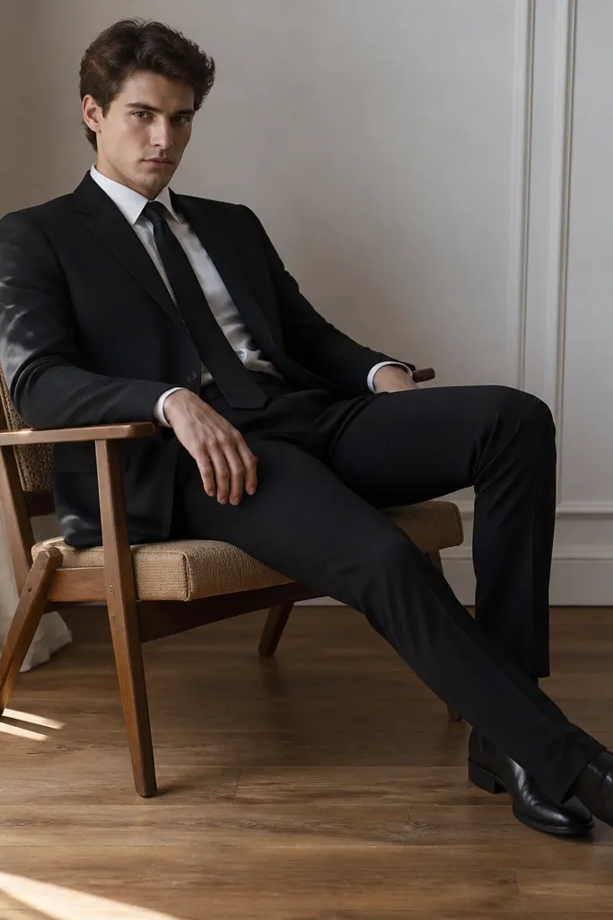 A matte black wool-crepe suit with minimal shine, a white shirt, a black satin-free tie, and clean black leather boots.