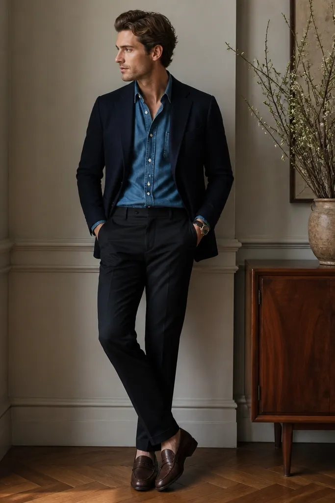 A navy blazer worn open over a blue chambray shirt, paired with dark trousers, a simple watch, and dark brown loafers.