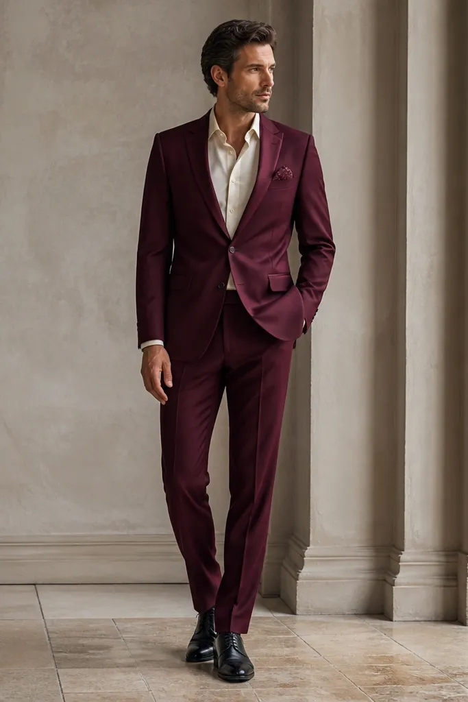 A burgundy two-piece suit with subtle satin lapel trim, a cream shirt, a burgundy patterned pocket square, and black leather dress shoes.