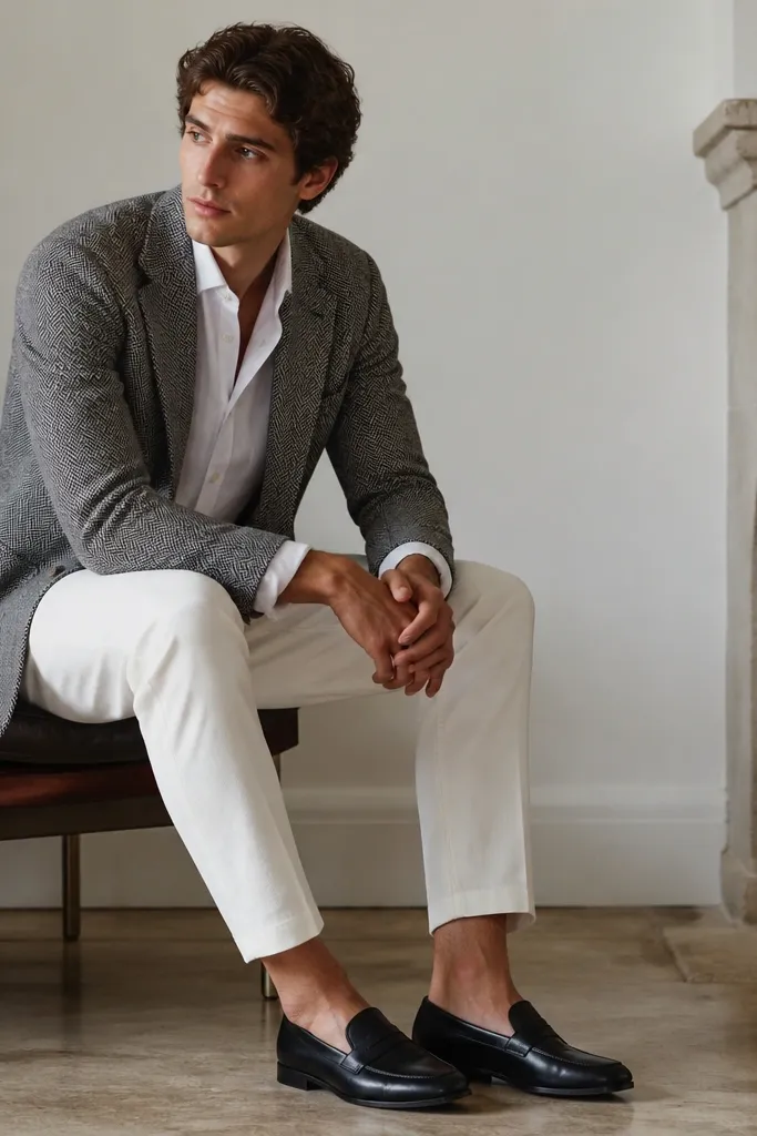 A grey herringbone blazer paired with crisp white trousers, a white shirt with a slightly rolled cuff, and black low-profile loafers.