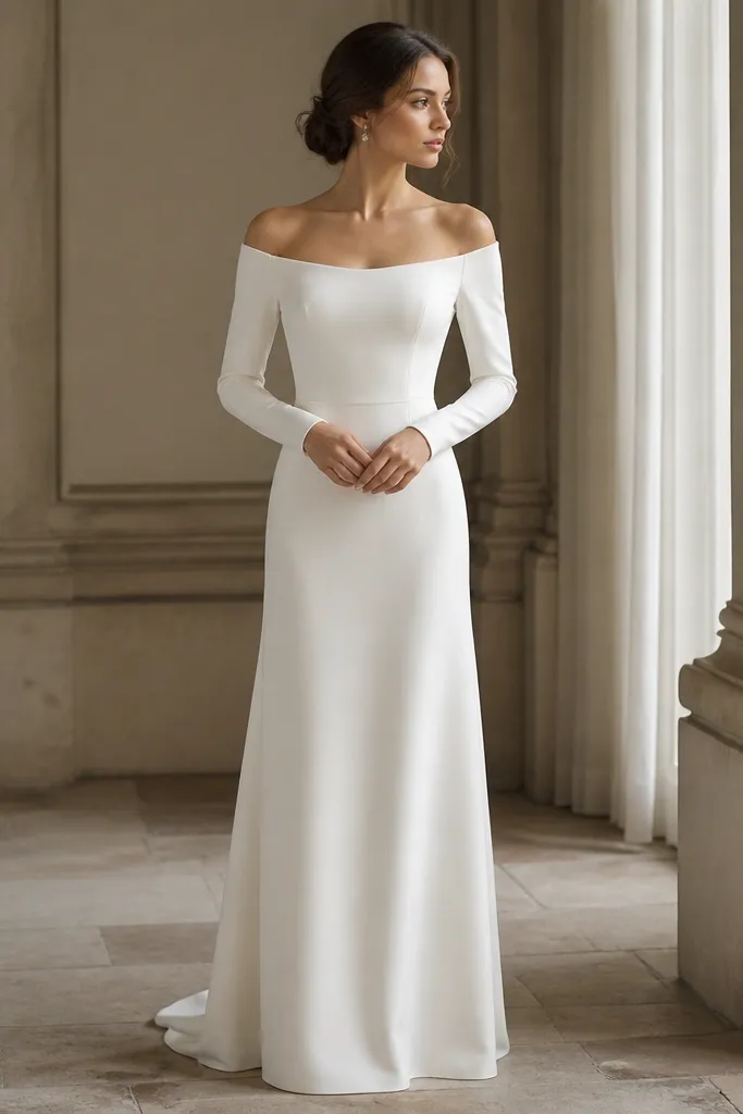 A white/off-white crepe wedding dress with an off-shoulder neckline. Long sleeves sit smoothly with slight shoulder padding, and the bodice has clean seams. The skirt falls straight to the floor with a subtle sheen.