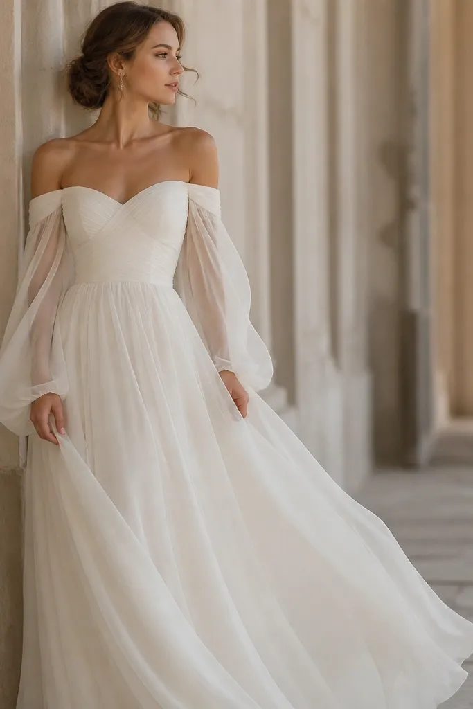 An airy ivory wedding dress with an off-shoulder neckline and long chiffon sleeves made of two layers. The sleeves look gauzy and float, with a gentle drape over the wrists. The skirt is lightweight and moves in soft folds.