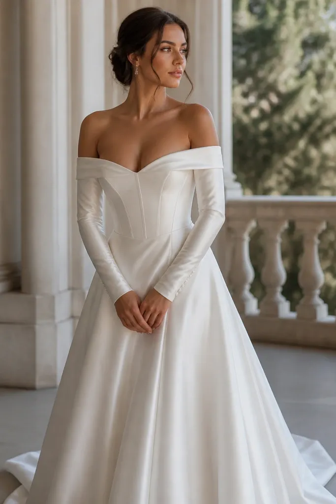 A satin wedding dress in warm white with an off-shoulder neckline and long sleeves. The bodice looks corseted with smooth boning lines, and the sleeves have neat button cuffs at the wrists.