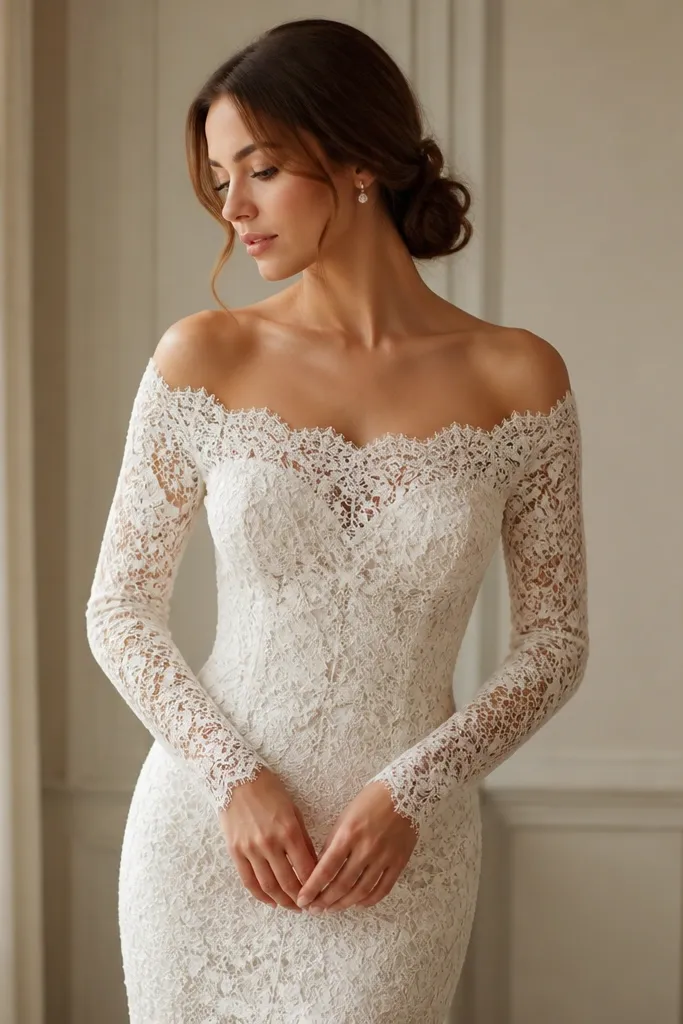 An ivory lace wedding dress with an off-shoulder neckline featuring scalloped edges. Long lace sleeves cover the arms, and the bodice has an intricate floral pattern. The skirt looks fitted with lace overlay.