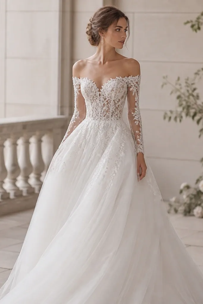 A dreamy white tulle wedding dress with an off-shoulder silhouette and long sleeves. The bodice uses an illusion mesh panel framed by lace appliqué, while the skirt has airy volume.