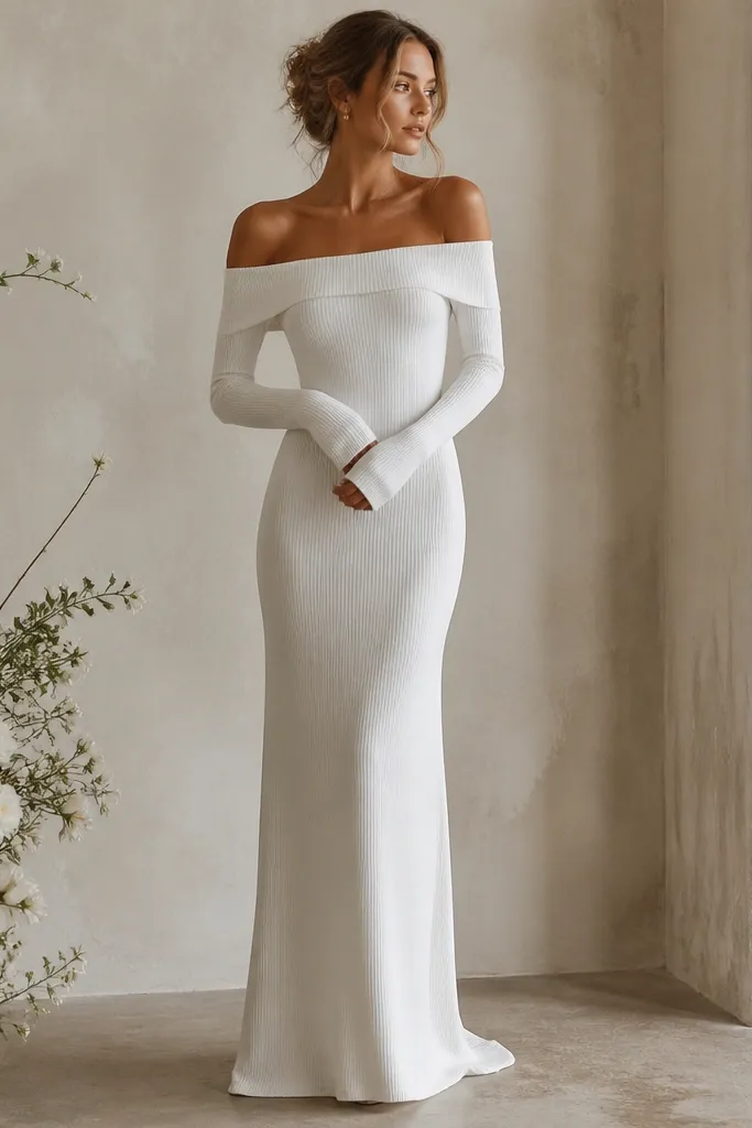 A minimal wedding dress in soft white with a ribbed knit texture. It has an off-shoulder neckline and long fitted sleeves. The skirt is straight and sleek with a clean hem.