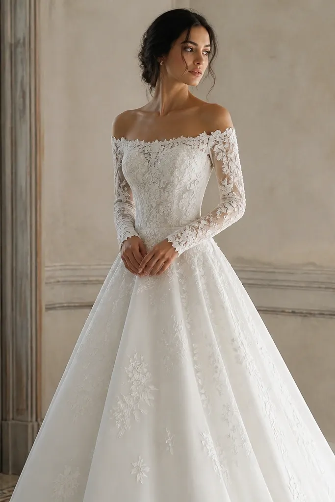 A white wedding dress with long sleeves and an off-shoulder neckline. The fabric is covered in embroidered floral motifs that concentrate around the shoulders and sleeves. The skirt has a smooth base with scattered embroidery.