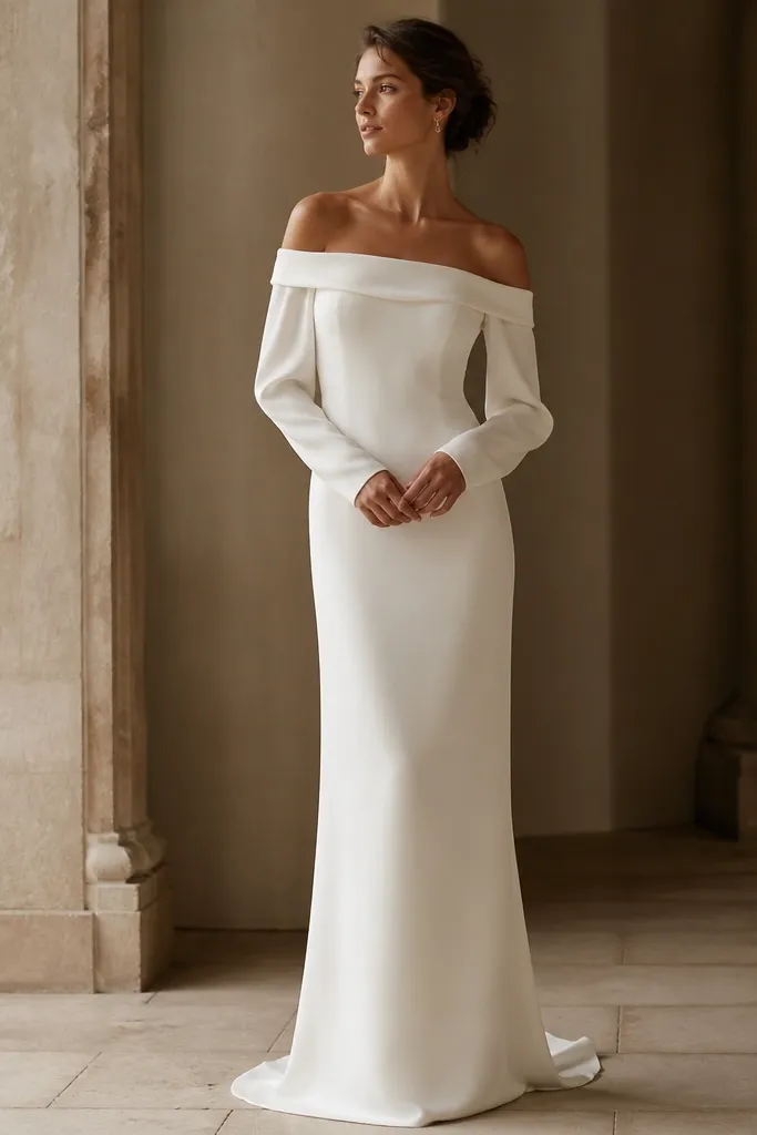 A crepe column wedding dress in ivory with an off-shoulder neckline. The long sleeves are draped and slightly relaxed, falling in soft folds rather than tight lines. The skirt is straight and minimal with a long, clean line.
