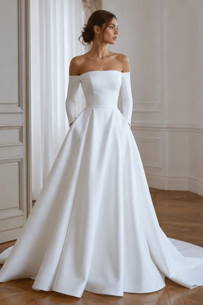 A crisp white taffeta wedding dress with an off-shoulder neckline. Long sleeves have subtle piping along seams, and the waist looks defined. The skirt has structured movement with a slight flare.